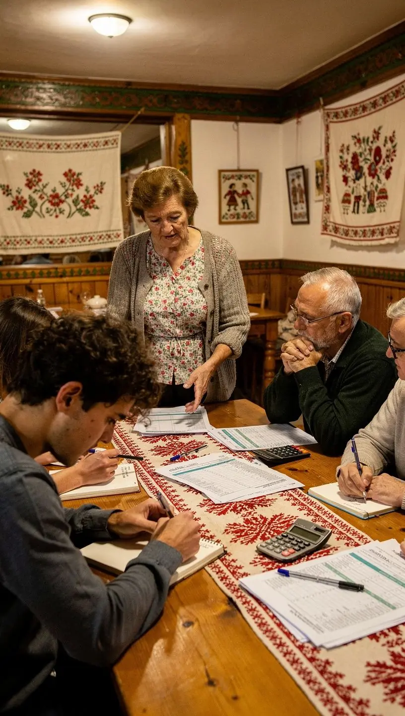 Csoportos pénzügyi tervezési találkozó, ahol tapasztalatokat osztanak meg.